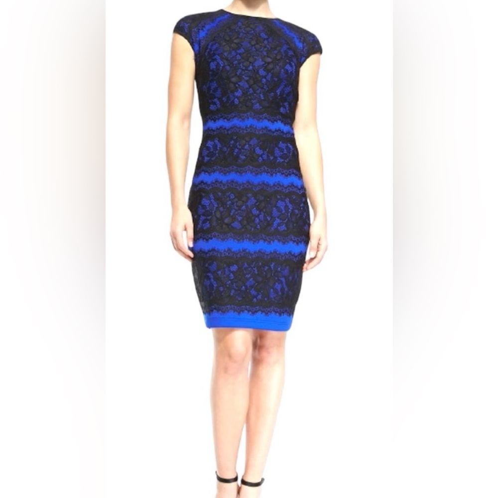 Tadashi Shoji Neoprene Lace Overlay China Blue Snow Cap Sleeve Dress